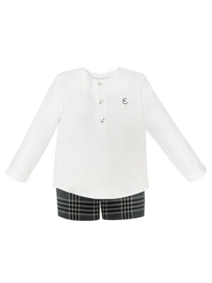 Conjunto niño, camisa blanca y pantalón cuadros gris