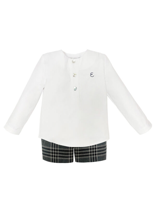 Conjunto niño, camisa blanca y pantalón cuadros gris