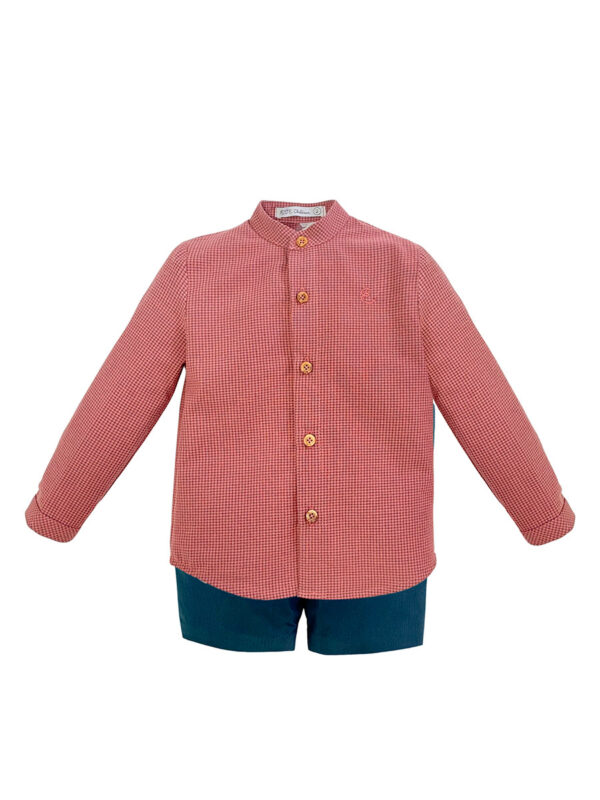Conjunto niño camisa vichy rosa y gris con pantalón azul petróleo - Imagen 2
